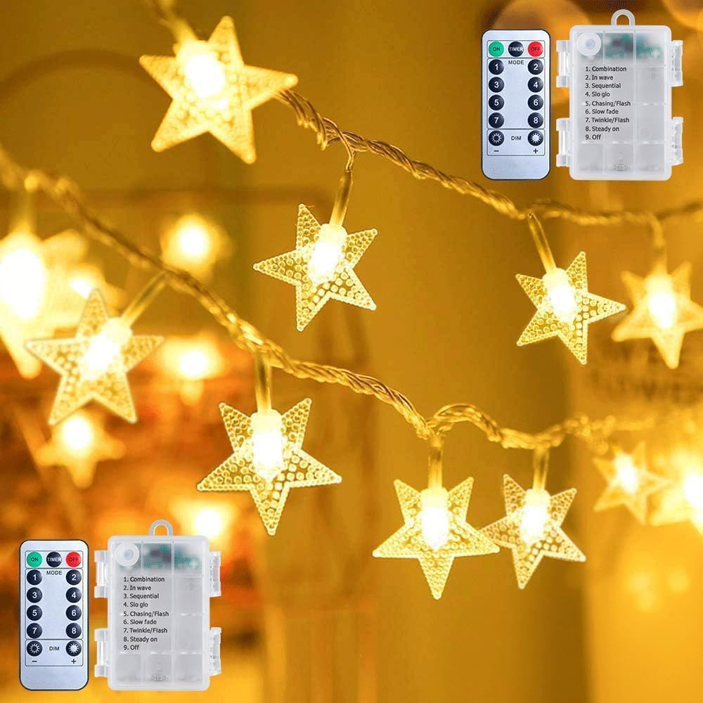 2 Pack Star Fairy Lights, 33ft, Battery Operated with Remote