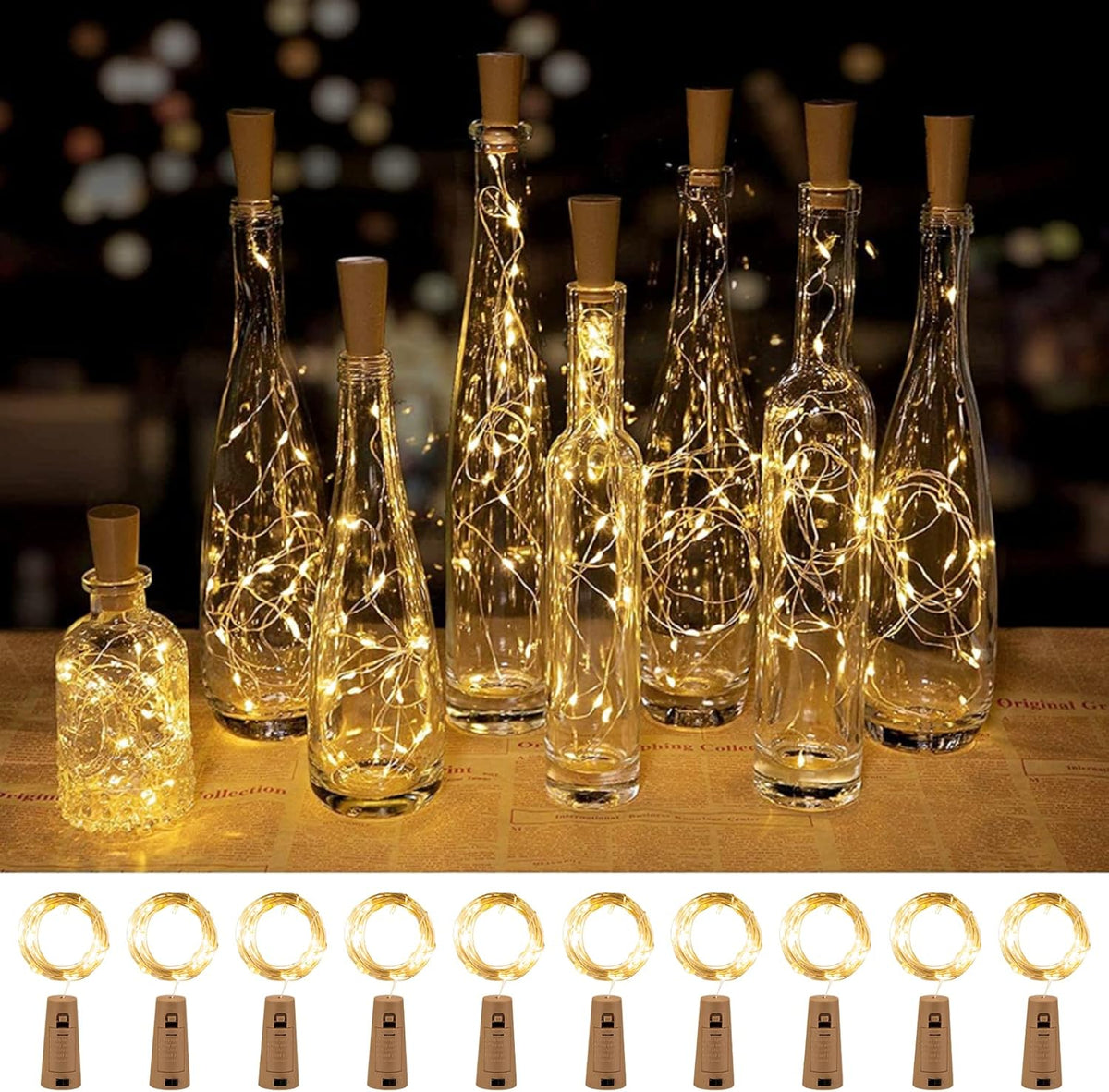 10 Pack Wine Bottle Cork Lights, 20 LED, Waterproof & Battery Operated