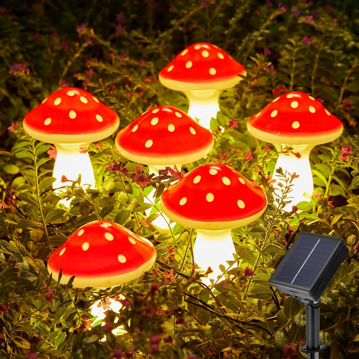 Solar Mushroom String Lights, Set of 6 Outdoor Waterproof Lights with 8 Modes