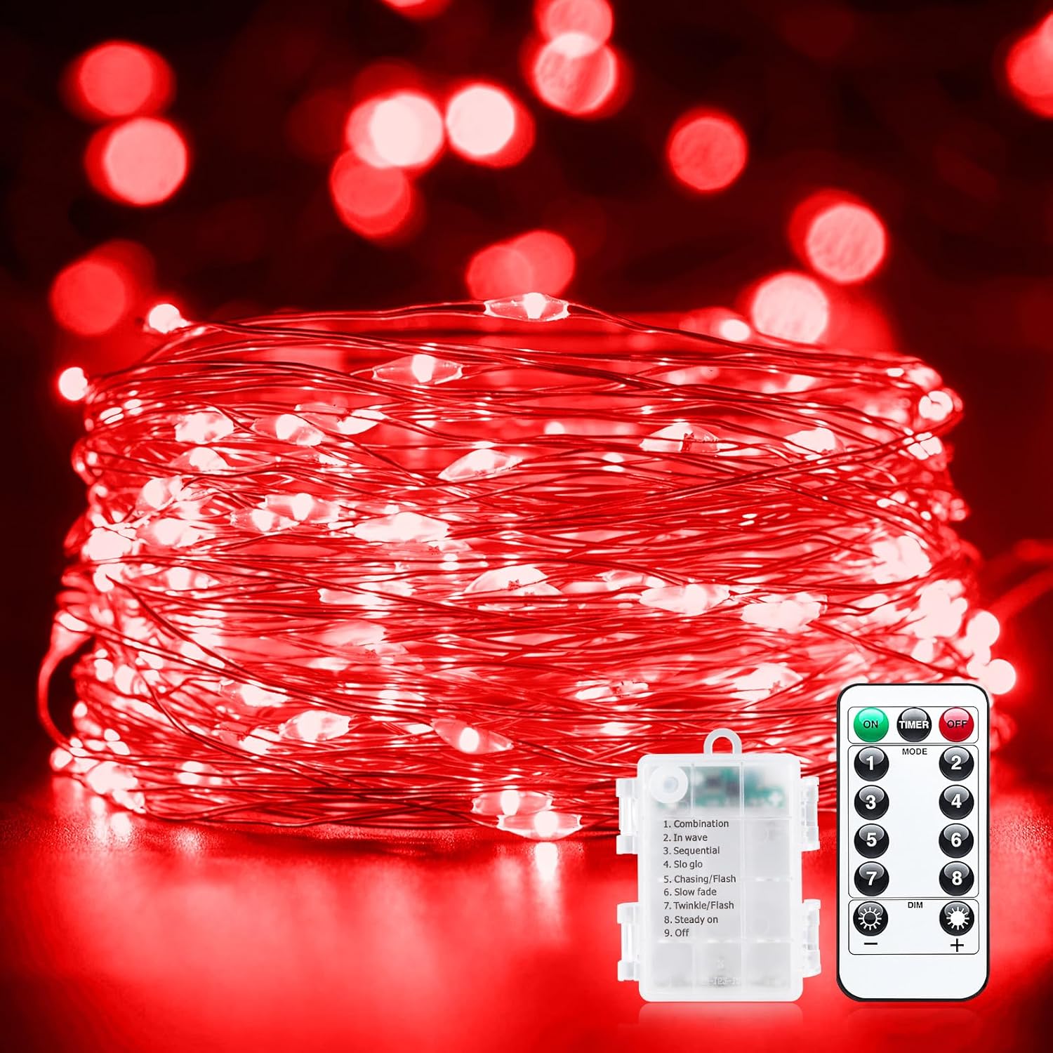 100 LED Red Fairy Lights, 33FT Battery Operated String Lights