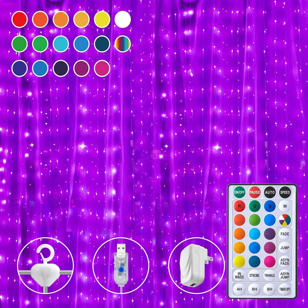 16 Colors Changing Curtain Lights - 250 LED Fairy String Lights with Remote