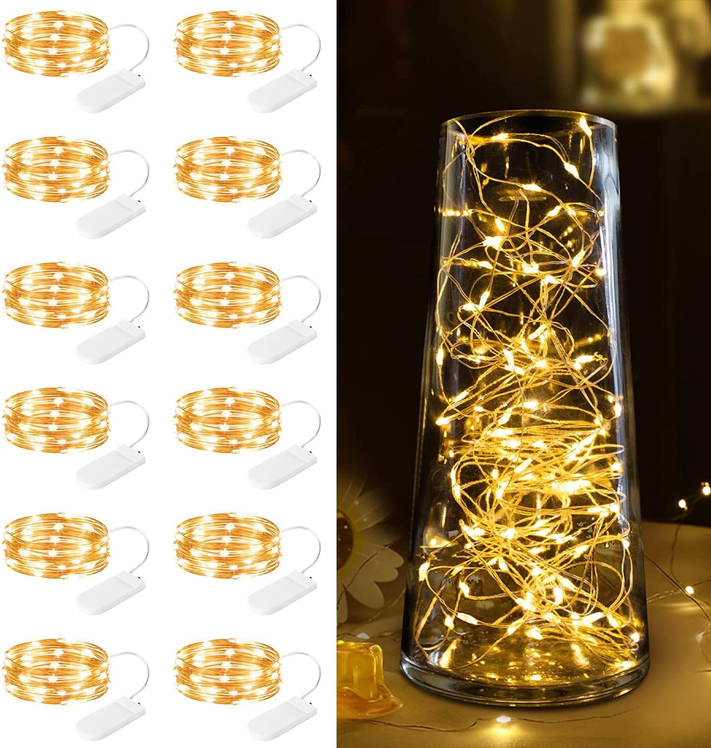 12 Pack Battery Operated Fairy Lights - 7ft 20 LED Silver Wire String Lights