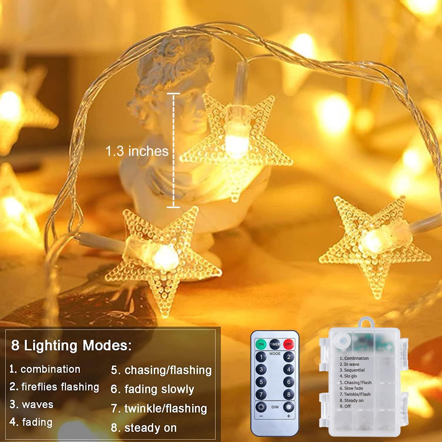 2 Pack Star Fairy Lights, 33ft, Battery Operated with Remote