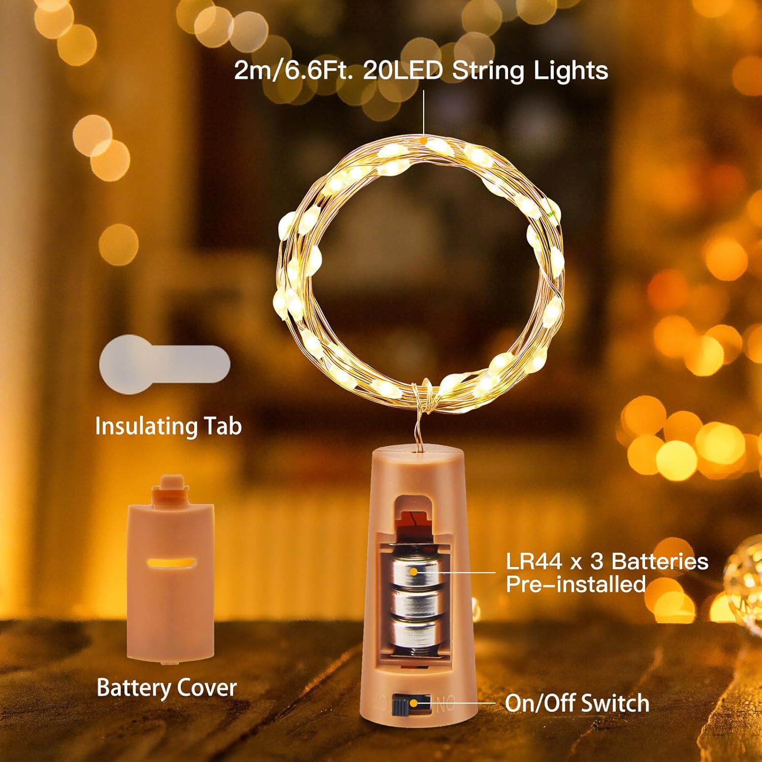 10 Pack Wine Bottle Cork Lights, 20 LED, Waterproof & Battery Operated