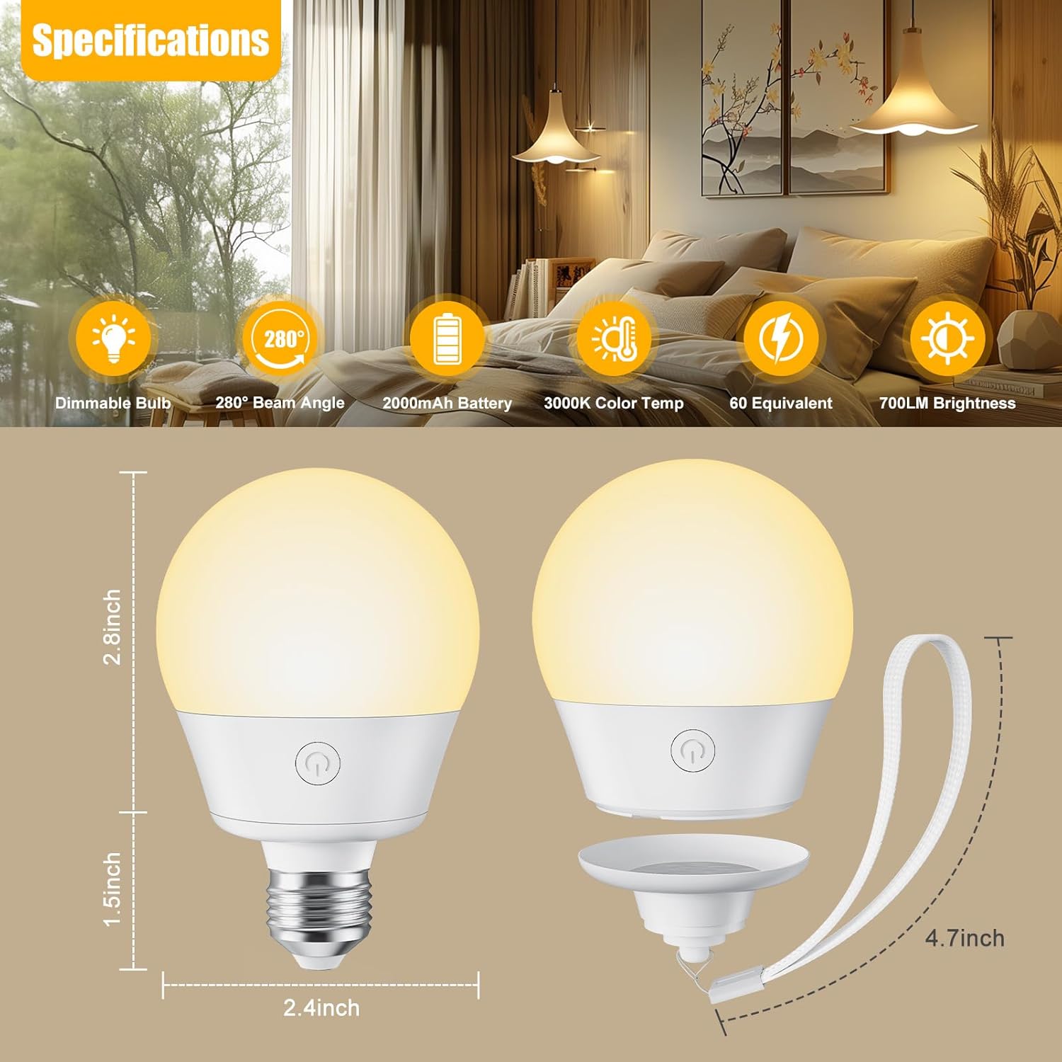 Rechargeable Light Bulb - 4 Pack, Remote & Timer, 3 Colors, Dimmer