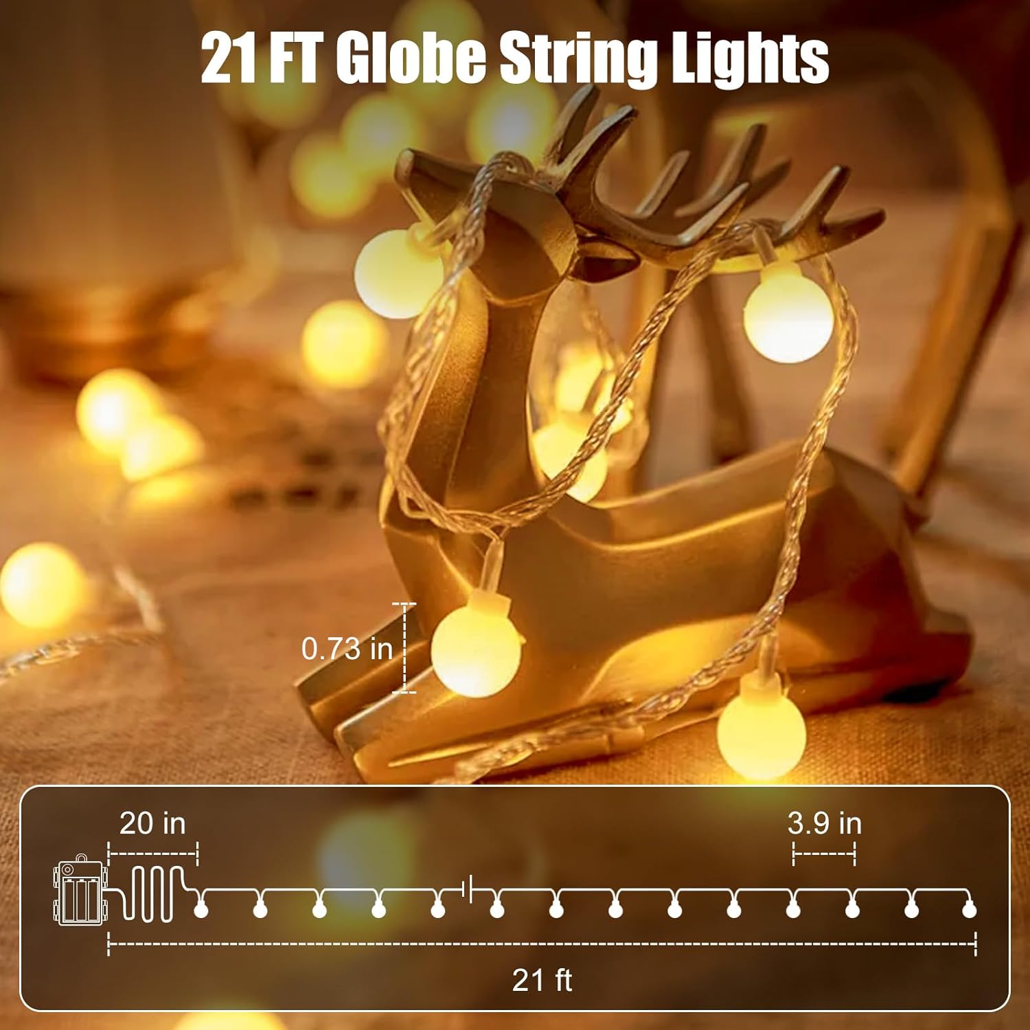 21FT Battery Operated String Lights - 60 LED Globe Fairy Lights