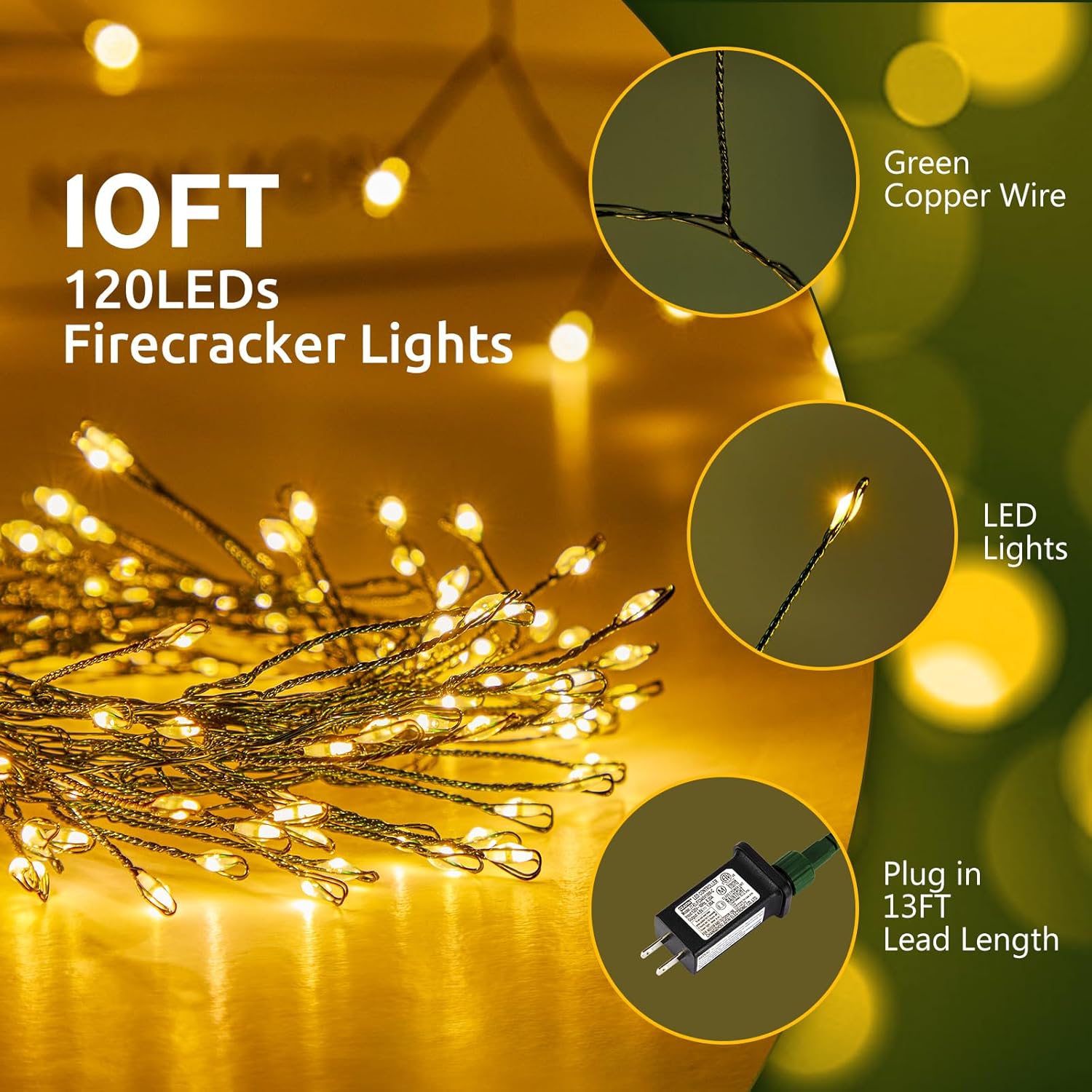 10FT 120LED  warm white fairy lights with twinkle firecracker design