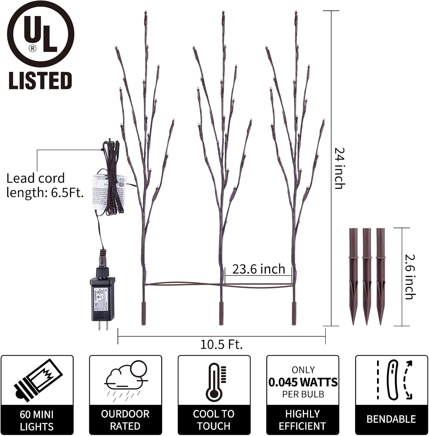 24Inch 60 LED Christmas DIY Twig Pathway Lights, Lighted Branches, Pure White