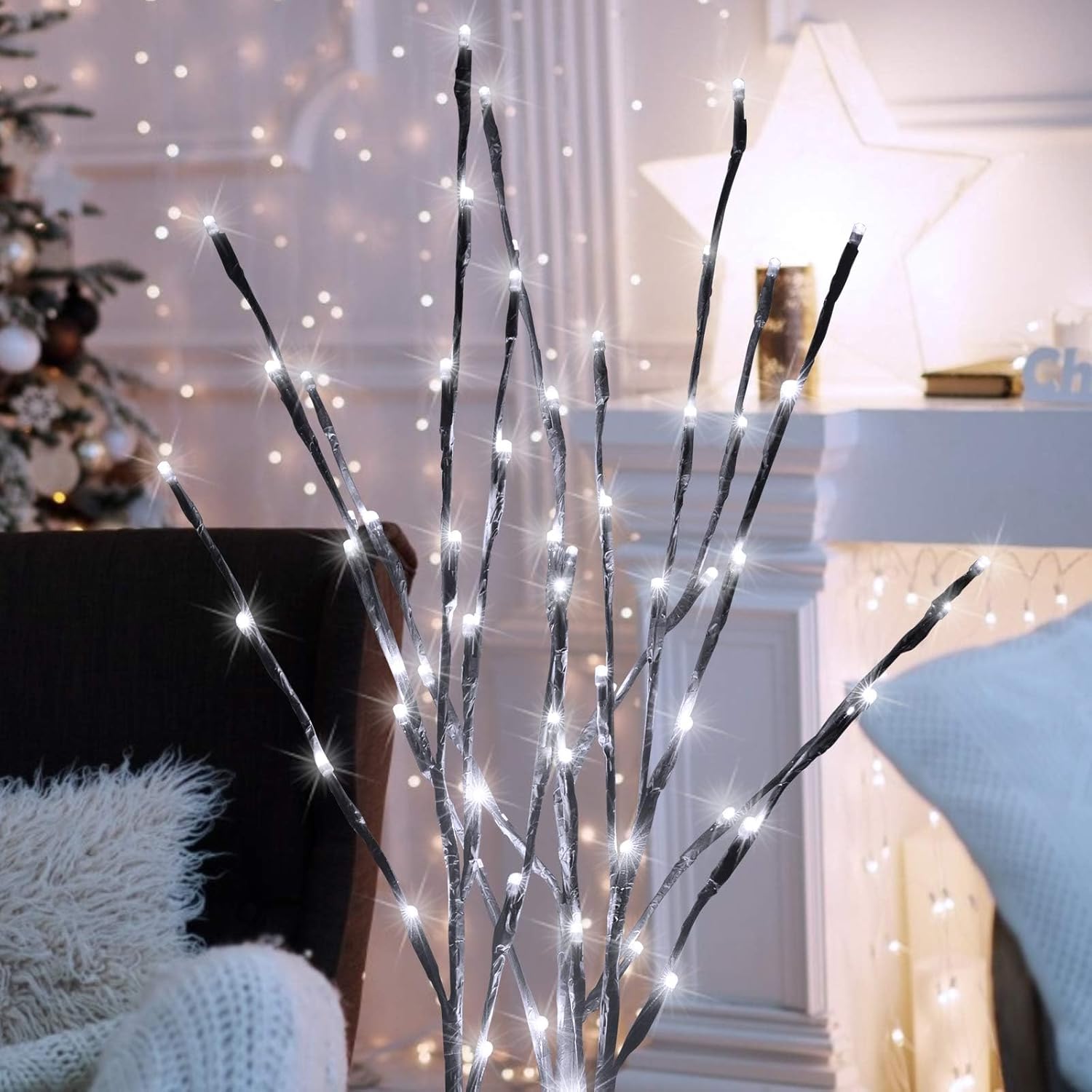 24Inch 60 LED Christmas DIY Twig Pathway Lights, Lighted Branches, Pure White