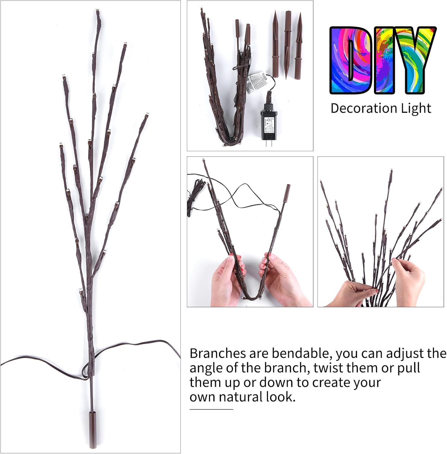 24Inch 60 LED Christmas DIY Twig Pathway Lights, Lighted Branches, Pure White