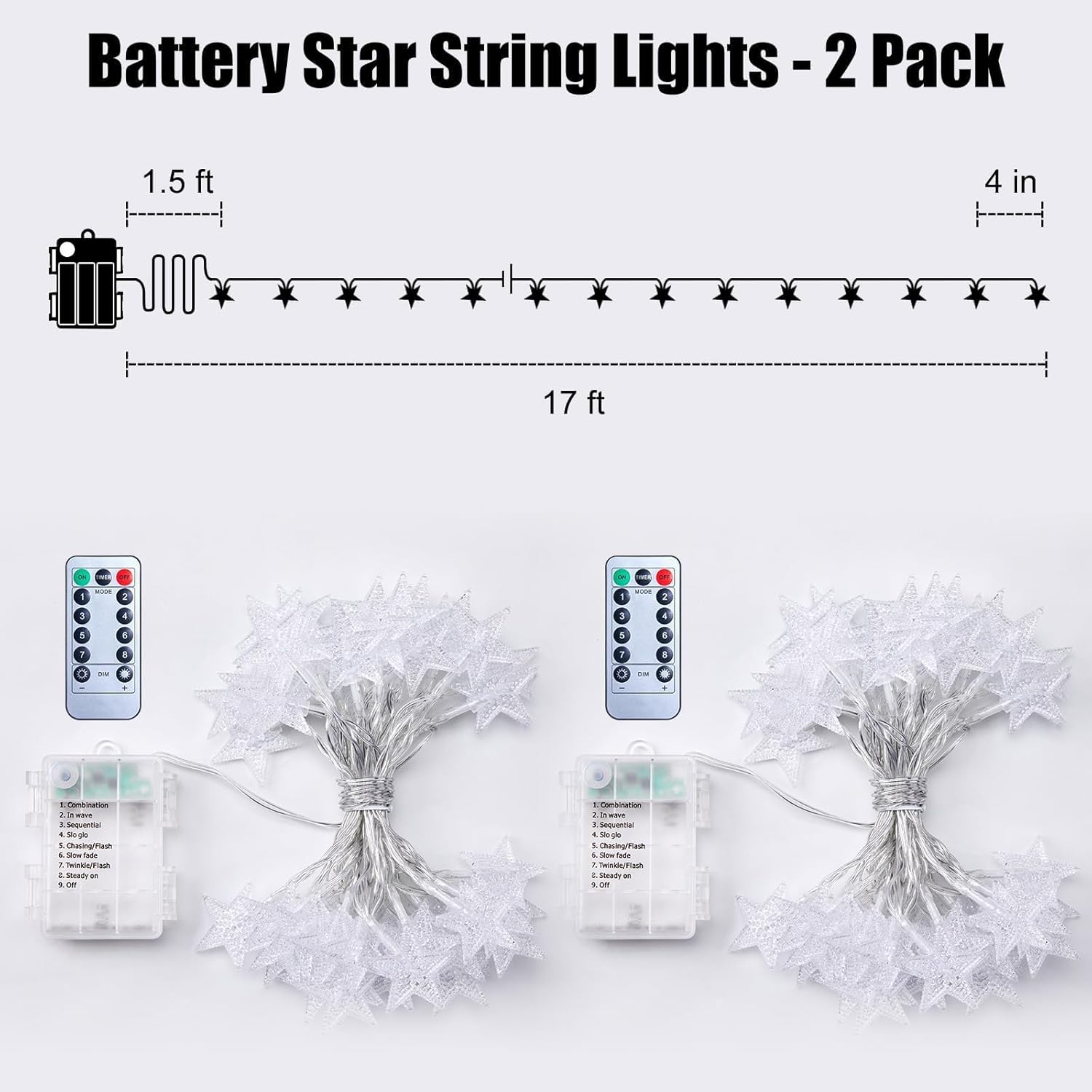 2 Pack Star Fairy Lights, 33ft, Battery Operated with Remote