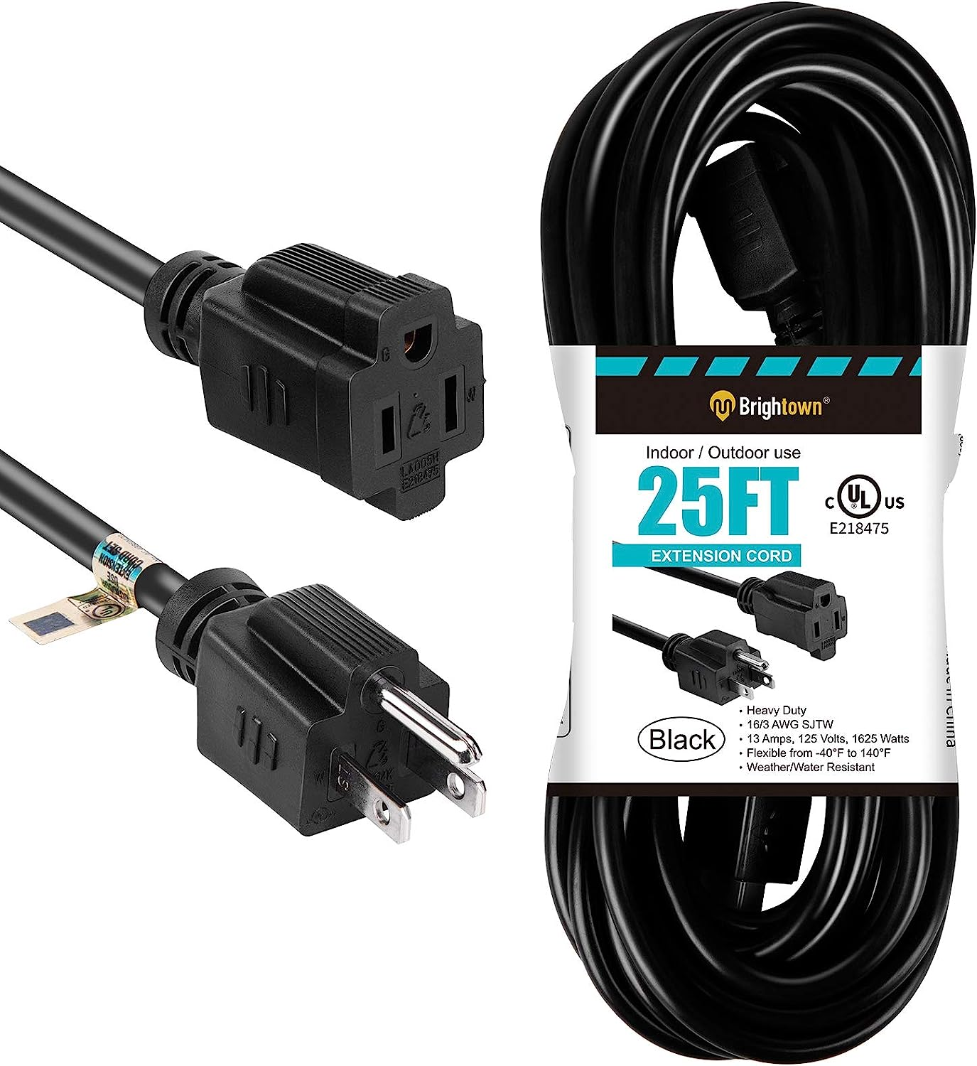 Outdoor Extension Cord with 3 Prong Grounded Outlets, Black