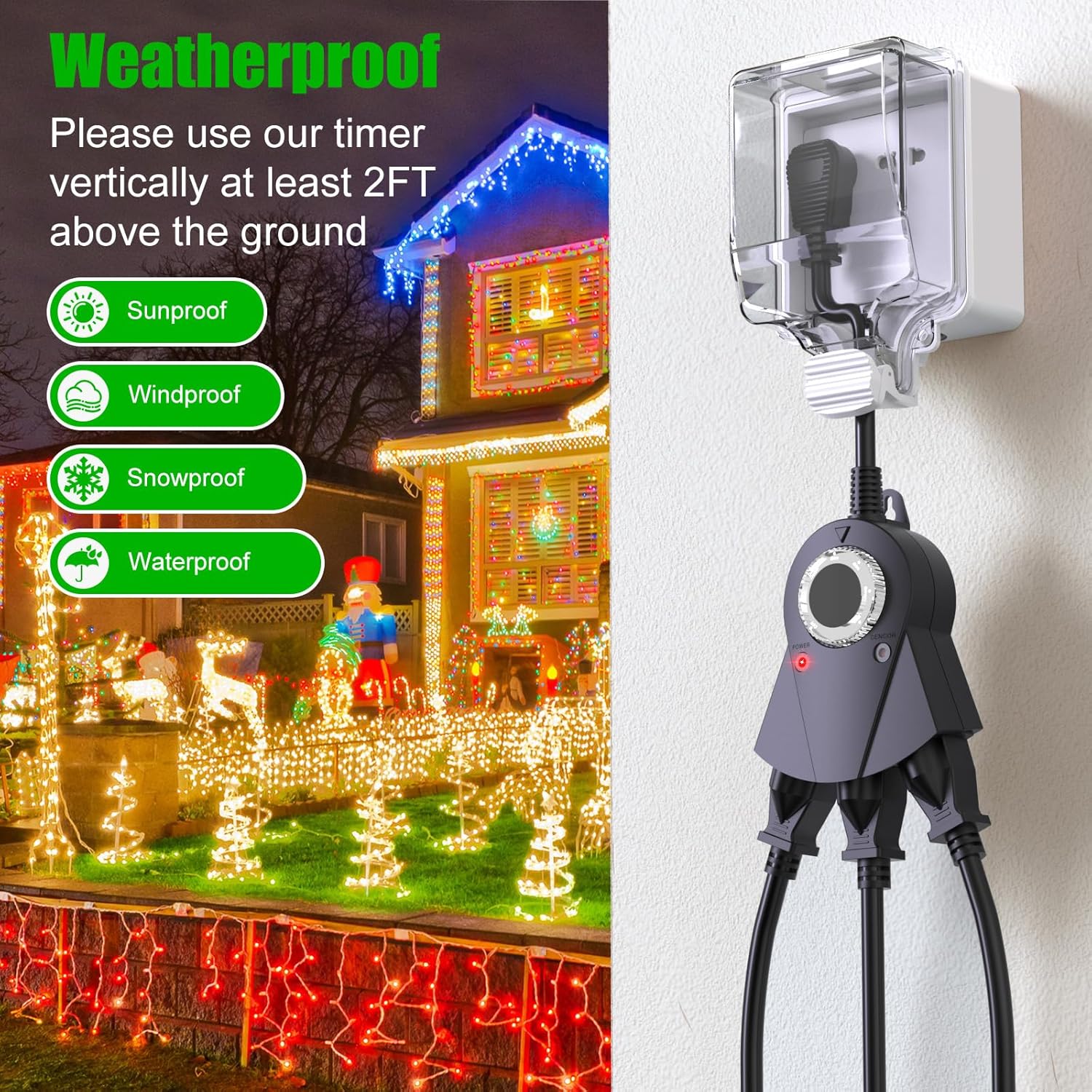 2 Pack Outdoor Light Sensor Timer, Waterproof, 3 Grounded Outlets