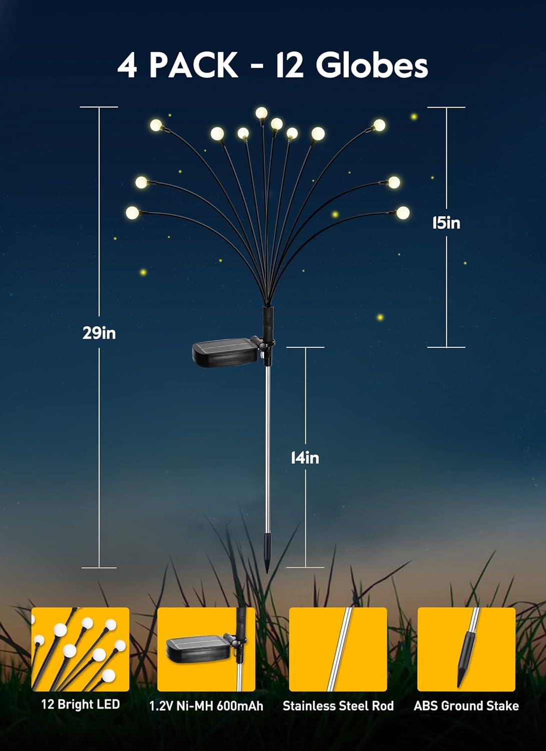 Solar Garden Lights - 4 Pack, 12 LED, Waterproof, Warm White