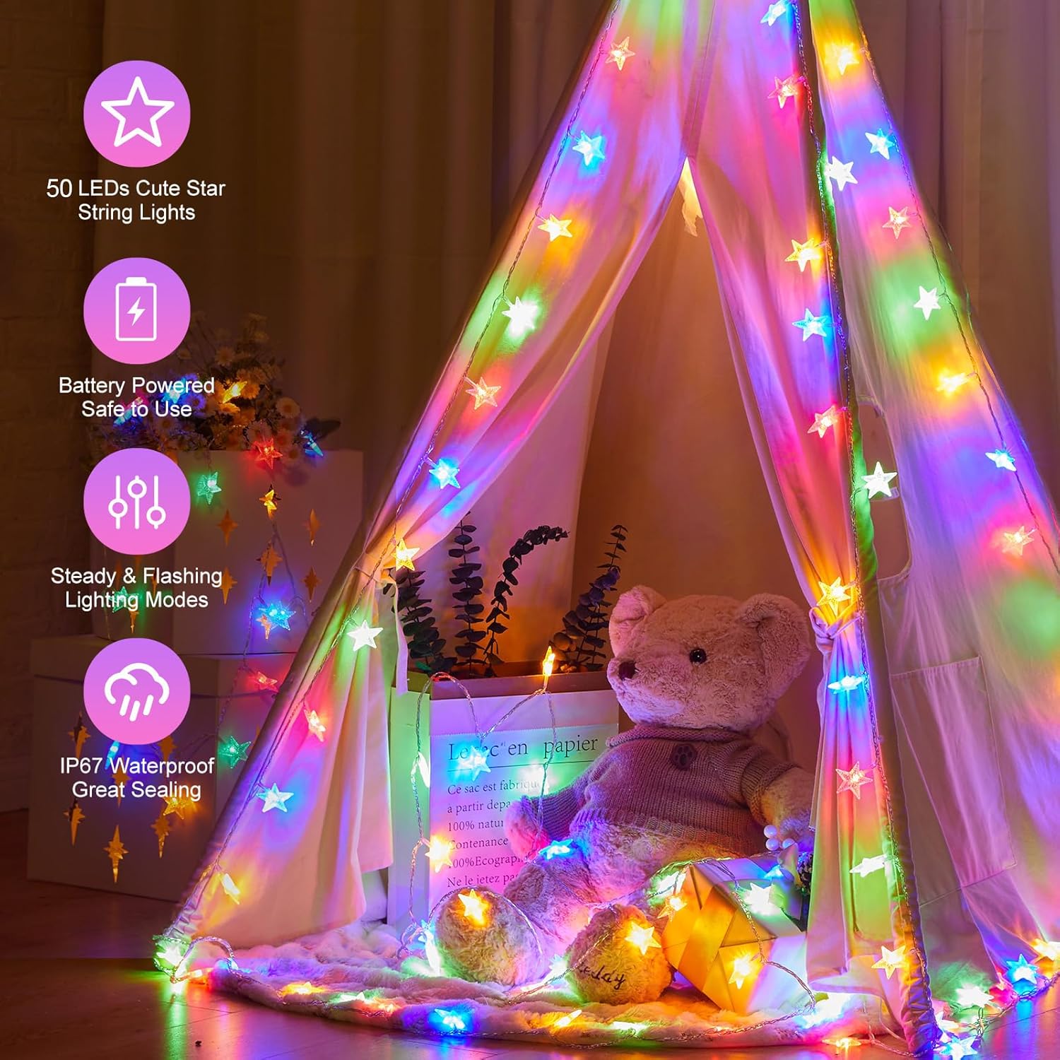 Battery Operated Star String Lights - 2 Pack, 17 FT, 50 LED