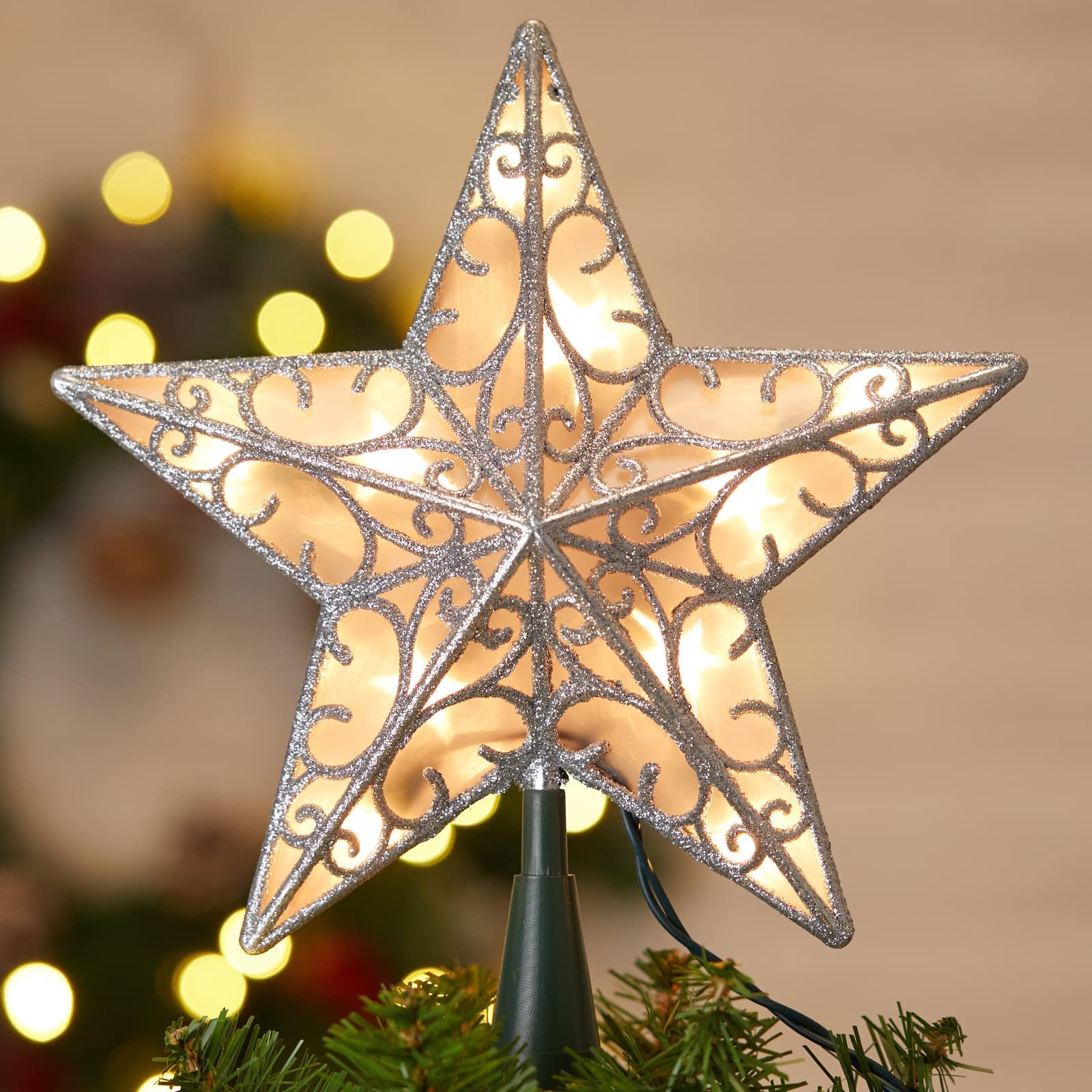 9.5 Inches / 10 Bulbs / Silver Metal Star