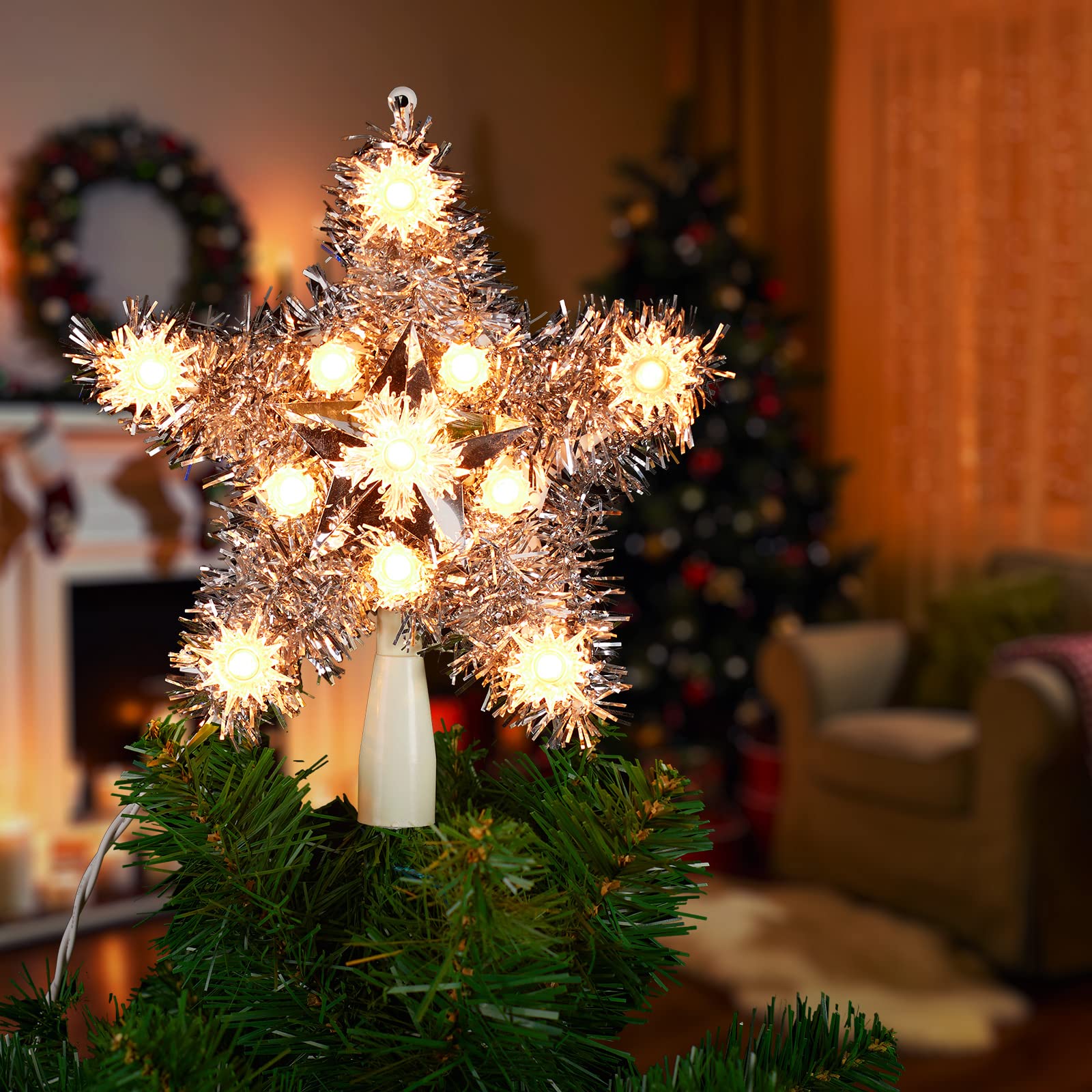 9 Inches / 10 Bulbs / Silver Tinsel Star