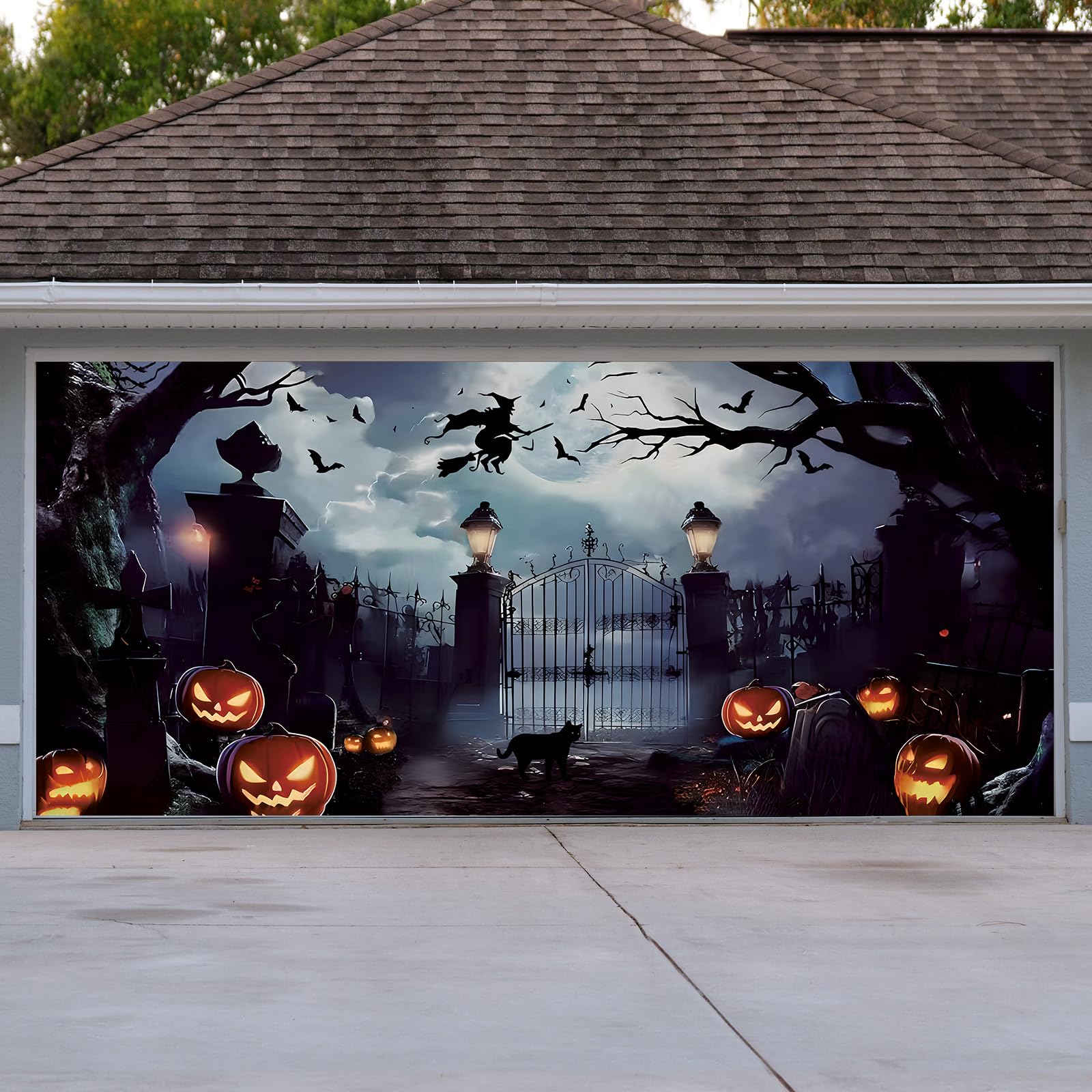 Halloween Garage Door Banner - 7x16Ft Spooky Gate Cover with 13 Copper Rings