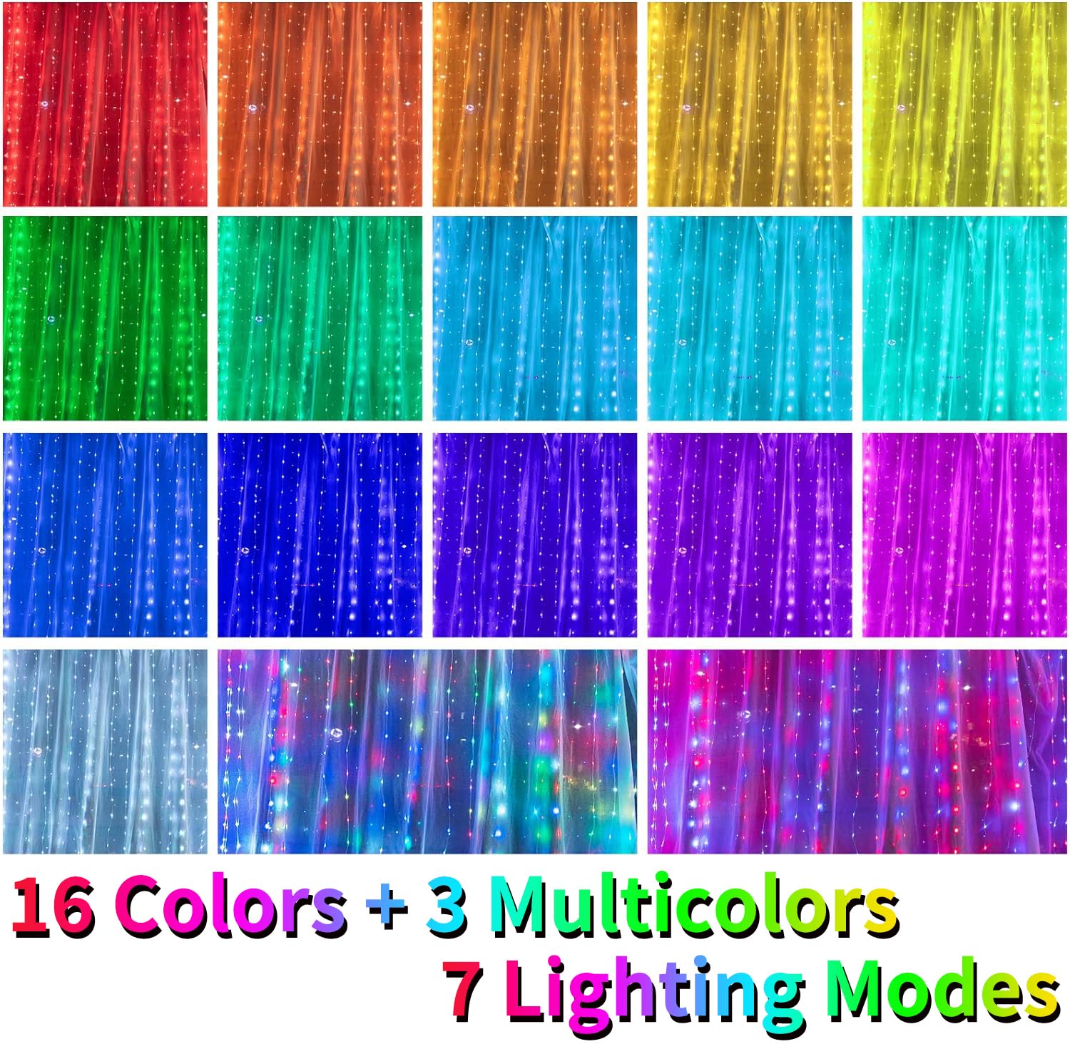 Curtain Fairy Lights with Remote & Adapter, 16 Colors 7 Modes