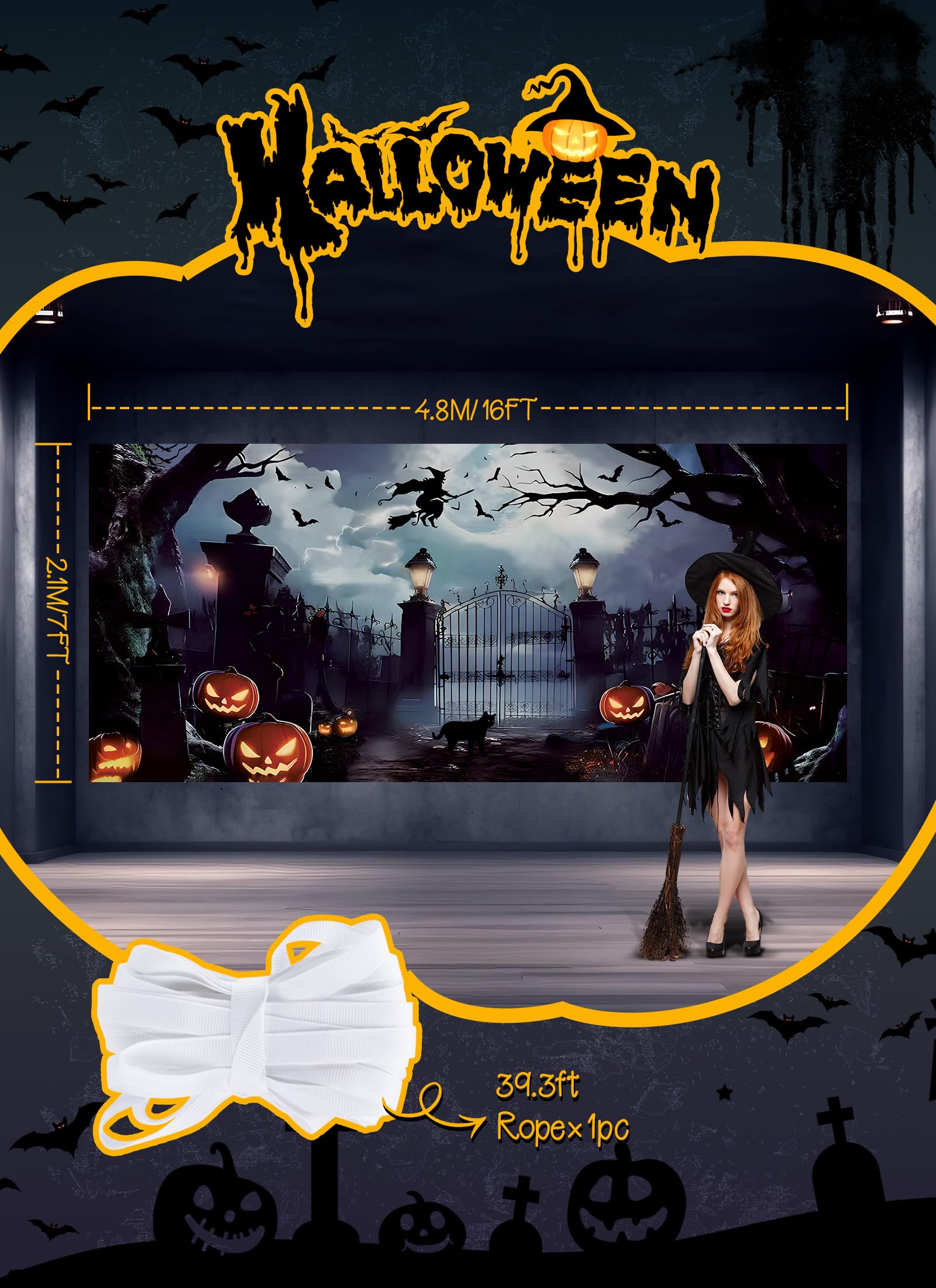 Halloween Garage Door Banner - 7x16Ft Spooky Gate Cover with 13 Copper Rings