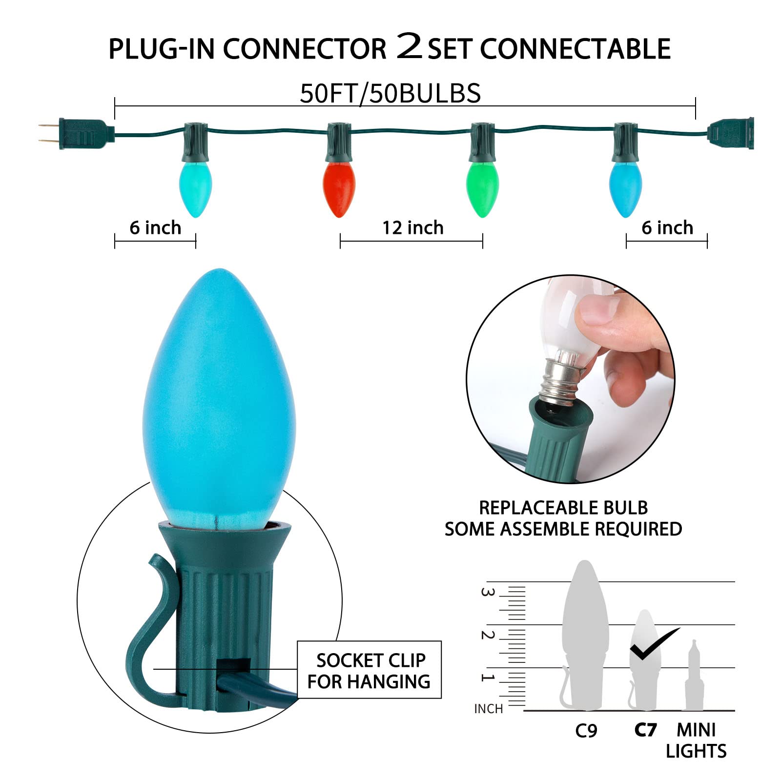 50 Feet / 50 Frosted Bulbs / Multicolor