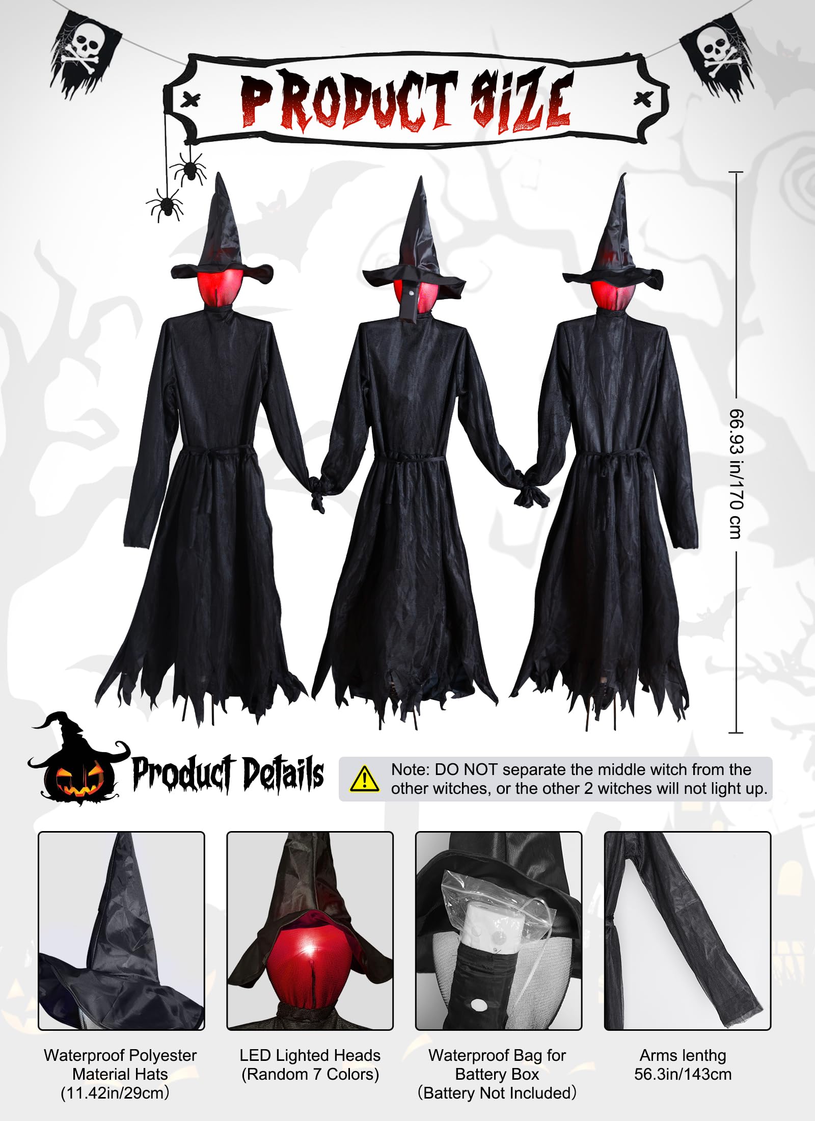 Halloween Battery Operated LED Witches with Stakes & Scary Screaming, 3PC