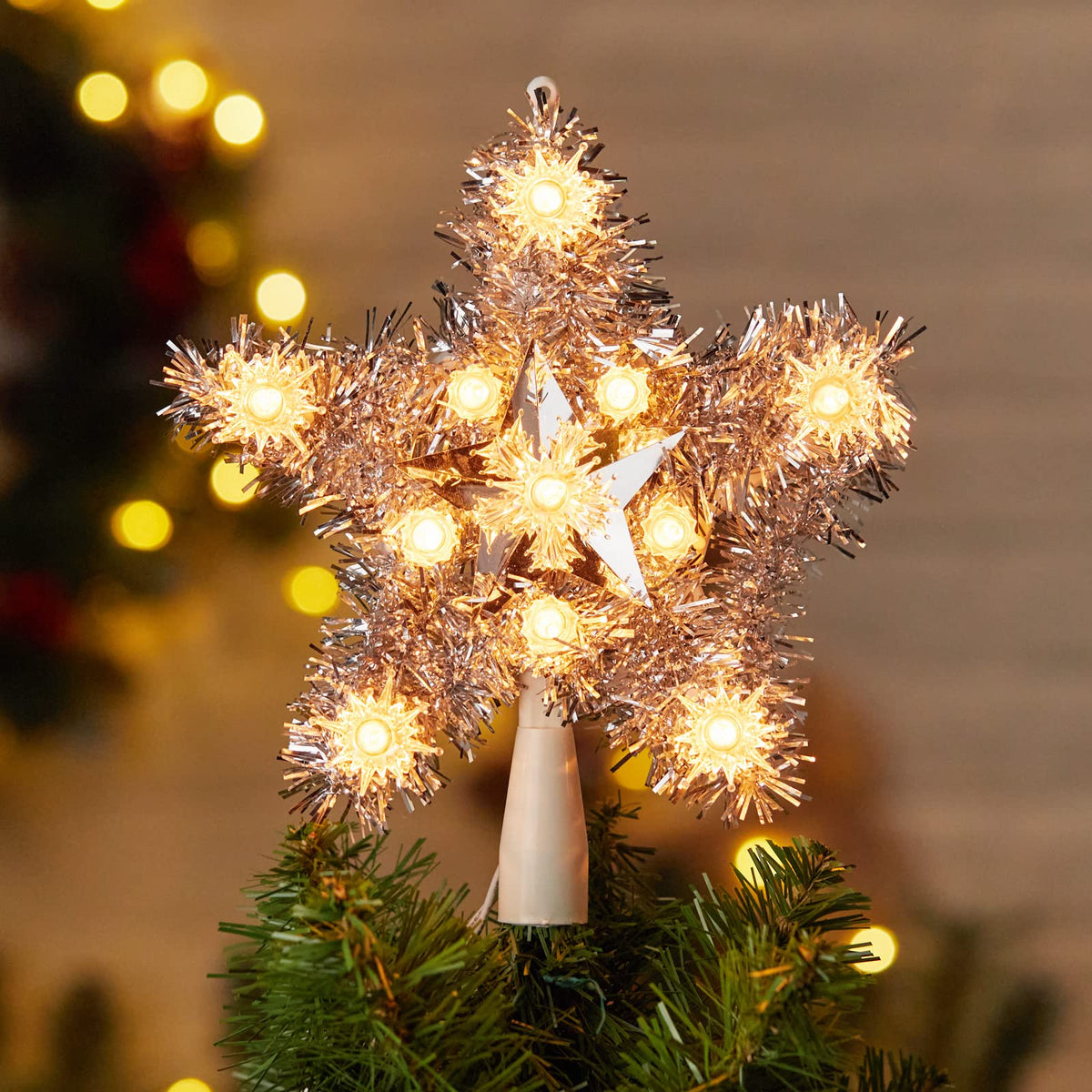 9 Inches / 10 Bulbs / Silver Tinsel Star