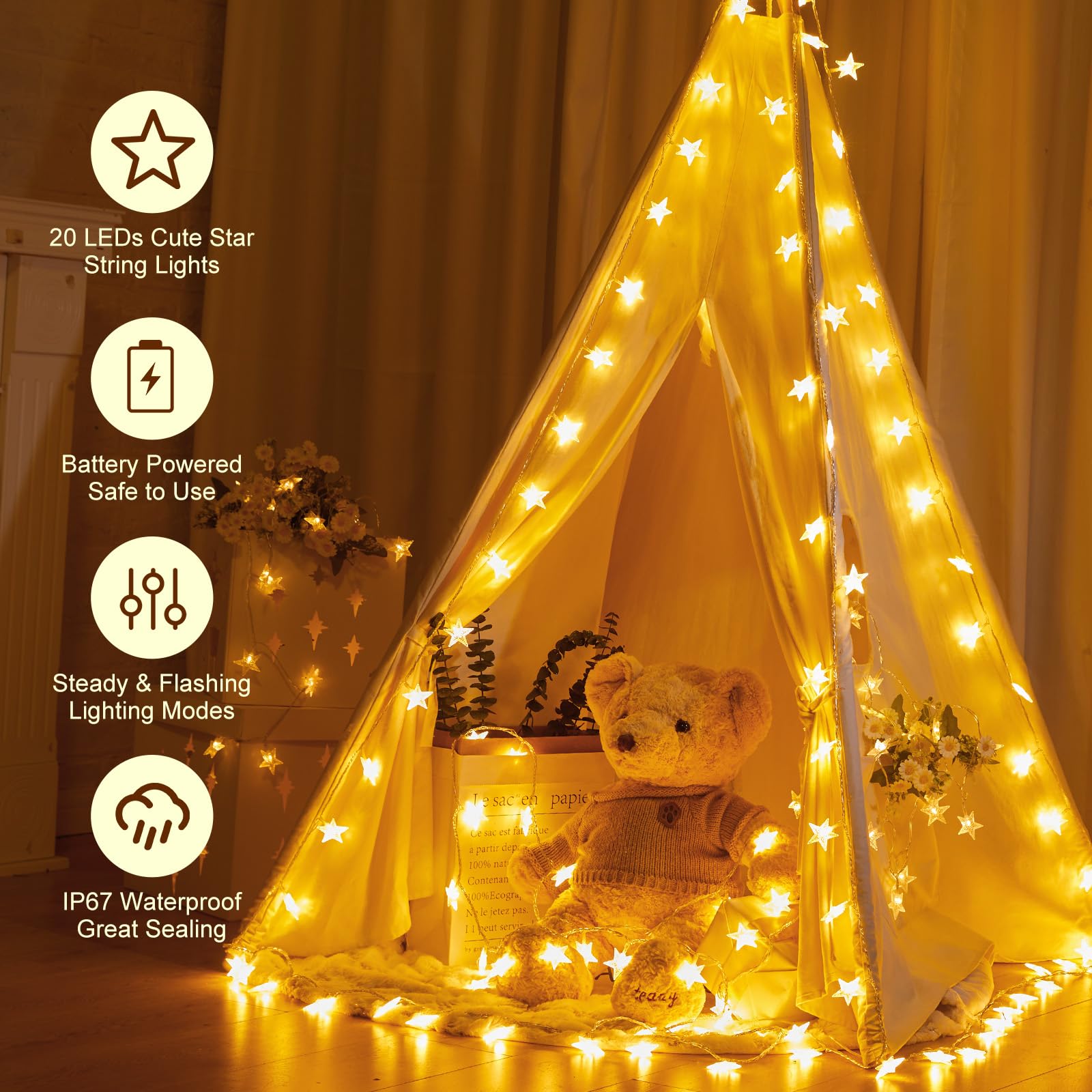 Star String Lights, AA Battery Operated, 17 FT 50 LED