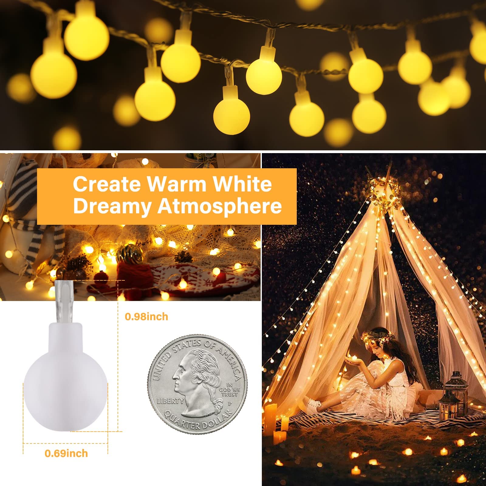 33 Feet / 100 LED / Warm White / USB + Adapter