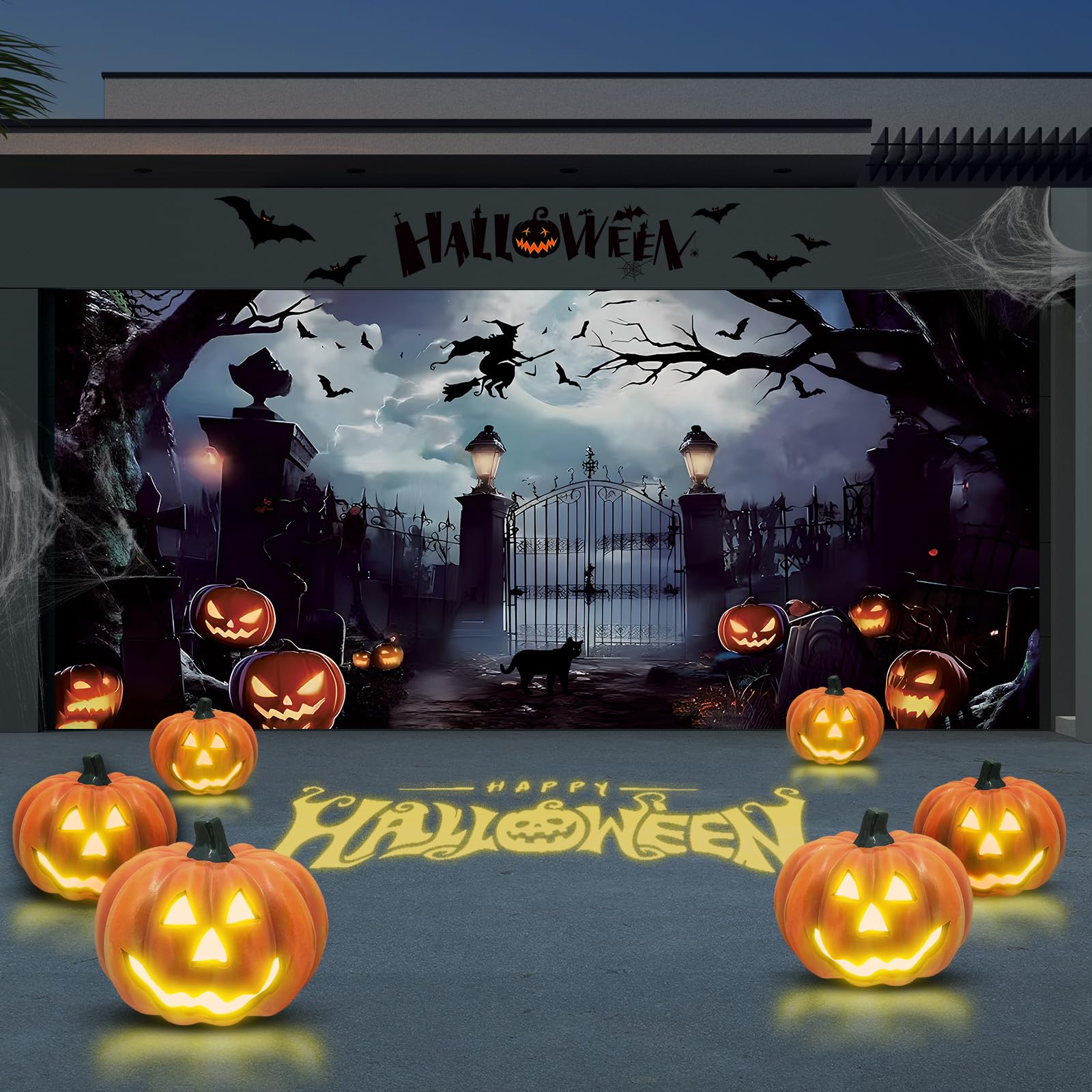 Halloween Garage Door Banner - 7x16Ft Spooky Gate Cover with 13 Copper Rings