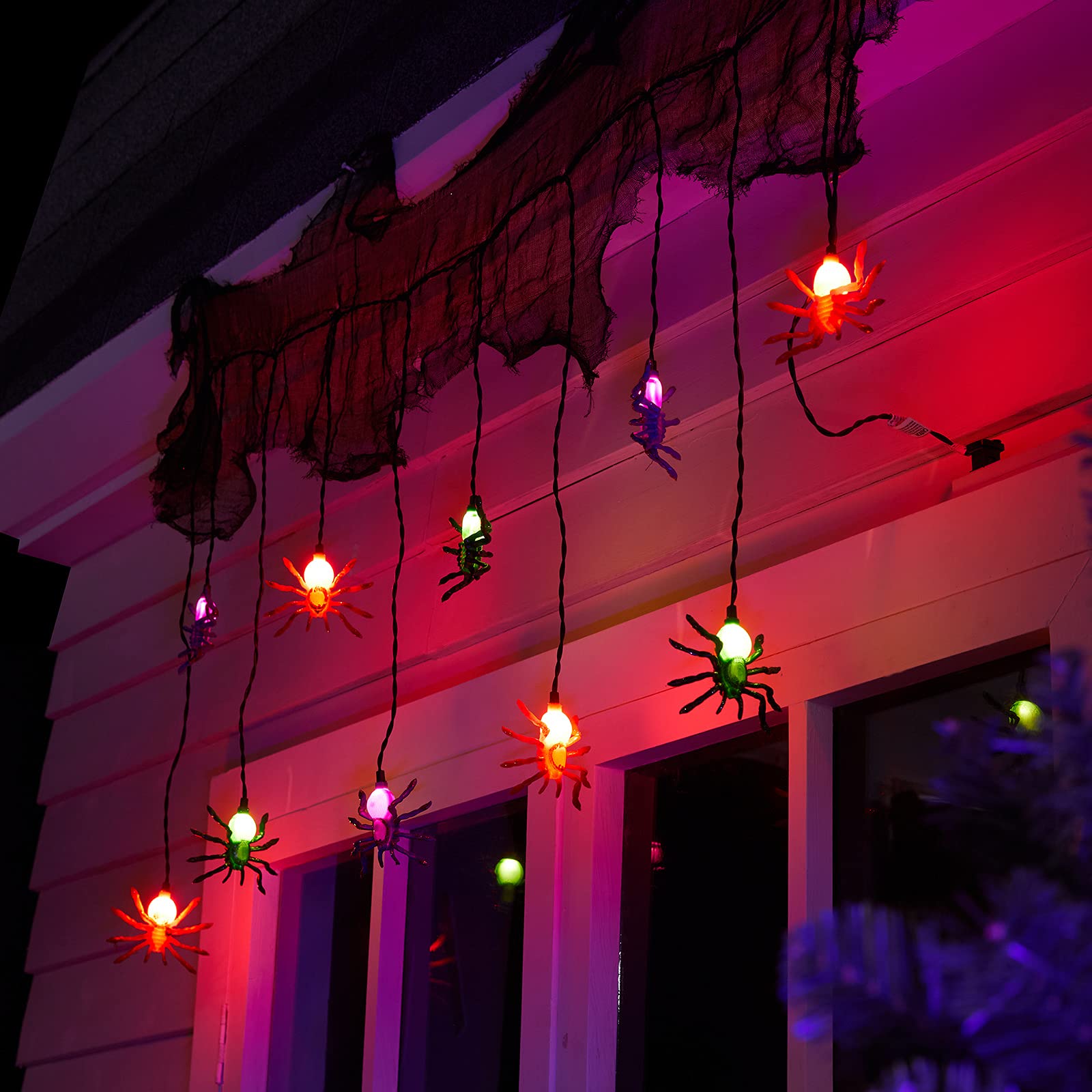 Halloween Spider String Lights with Black Mesh, Multicolor