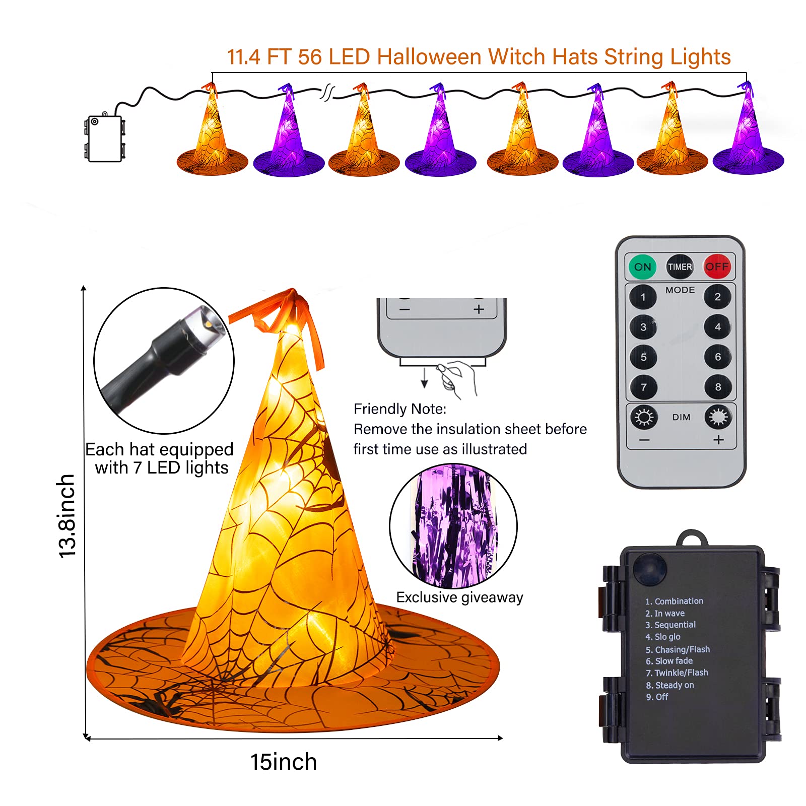 Halloween Battery Operated LED Witch Hat Lights with Remote