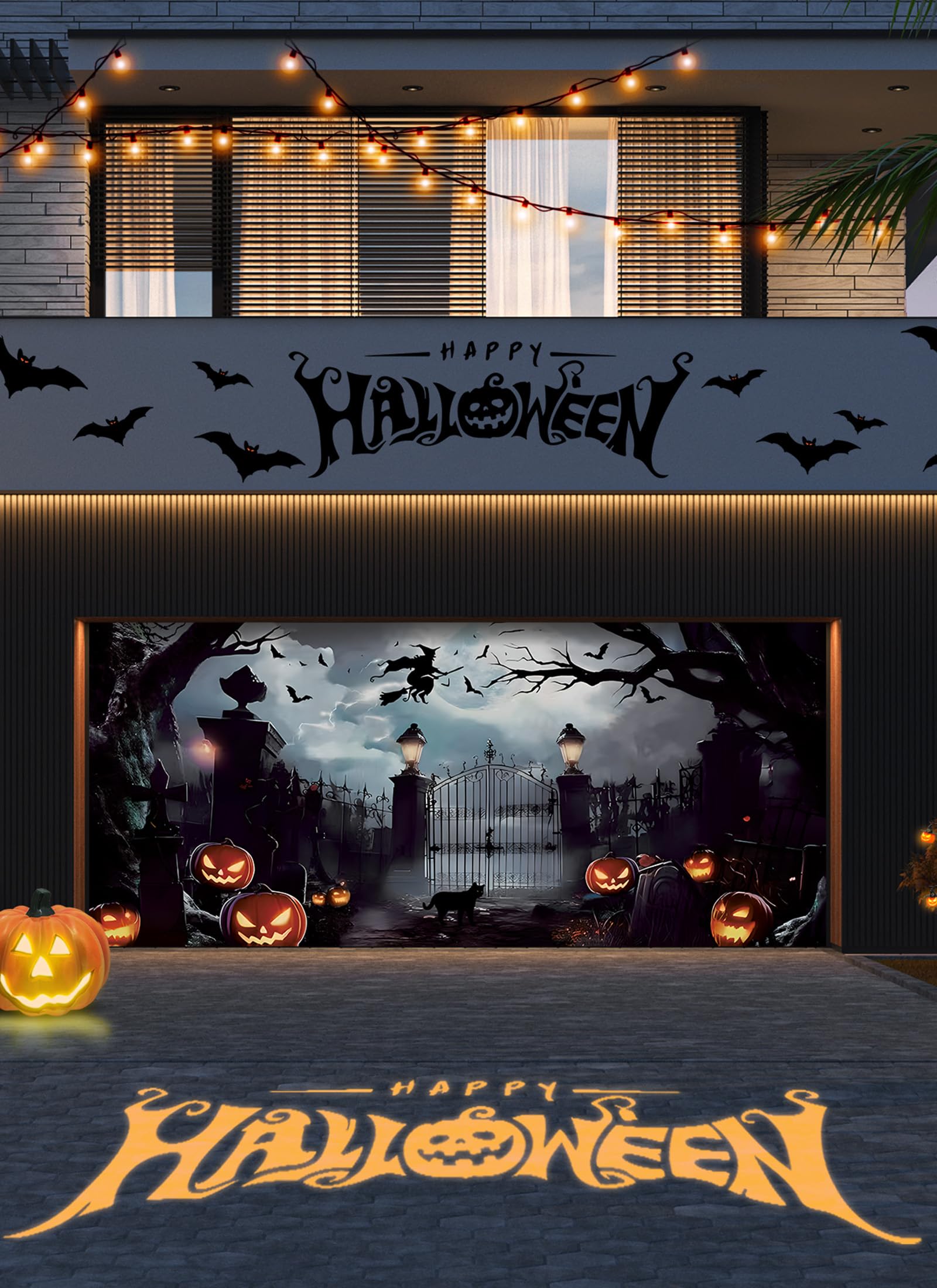 Halloween Garage Door Banner - 7x16Ft Spooky Gate Cover with 13 Copper Rings