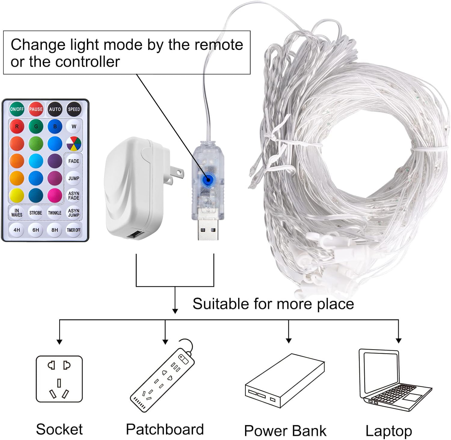 Curtain Fairy Lights with Remote & Adapter, 16 Colors 7 Modes