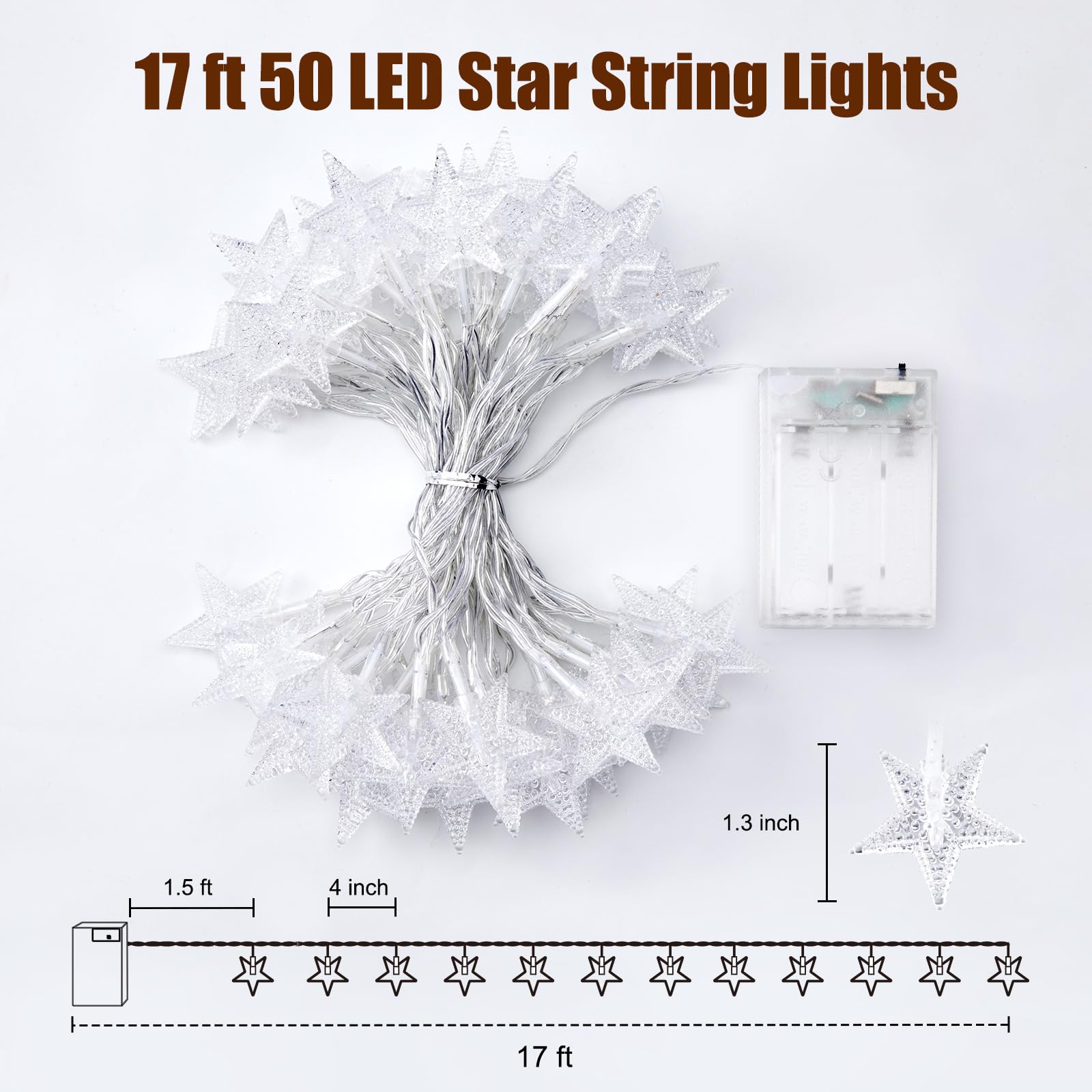 Star String Lights, AA Battery Operated, 17 FT 50 LED