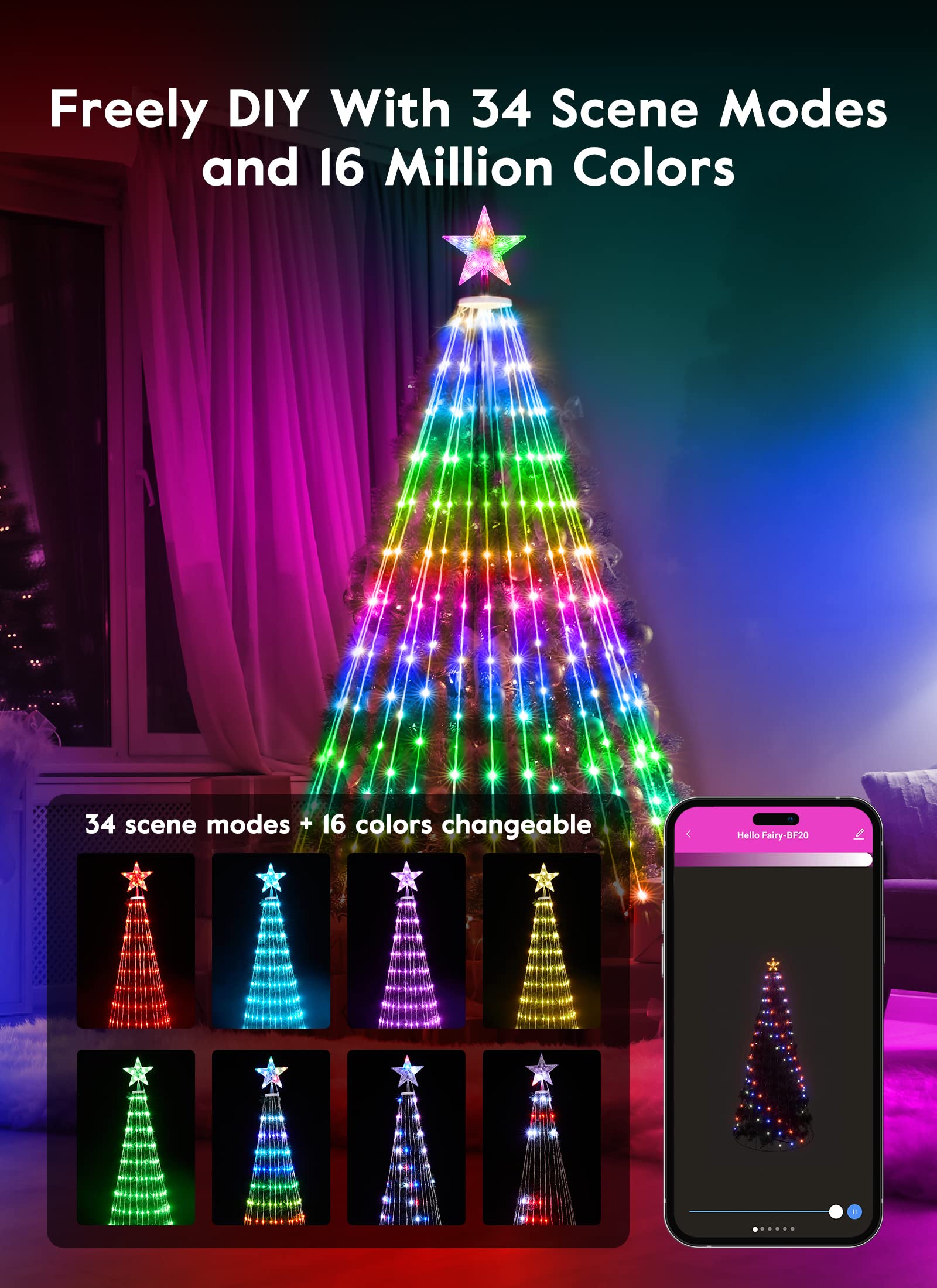 Christmas Smart Cone Tree Light with Star Topper, Remote & APP Control, 16 Colors, 34 Modes